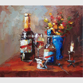 厚いオイルのパレット ナイフの油絵、抽象的なワイン・ボトルを塗る静物画の芸術