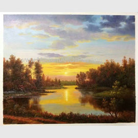流れが付いている古典的な性質の油絵の景色の日没の風景画