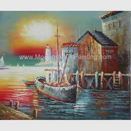日の出のSeneryのオレンジ ボートはパーラーのための油絵のヨットのキャンバスの芸術を