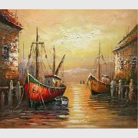 パレット ナイフによる手塗りの赤いボートの絵画、ドックの抽象的なアクリルの絵画
