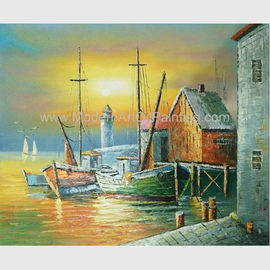 Saillingのボートは油絵港、現代日没の風景画を